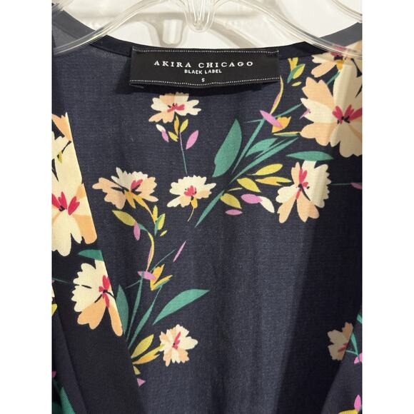 Akira Chicago Black Label Sz S Faux Wrap Floral Mini Dress Wedding Office Prep - Picture 4 of 11
